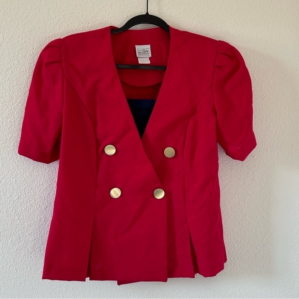 Shelly Michaels VTG Women’s Blazer Top Red M/L Blue Puff Shoulders Rockabilly